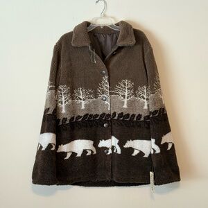NWT vintage Fleece Brown Bear Pattern Jacket Reversible Button Front Women’s